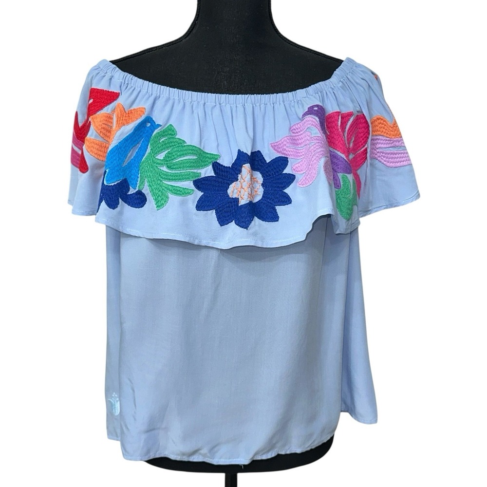 J Marie Off The Shoulder Crop Embroidered Shirt‎ Size Large Blue Ruffle Boho